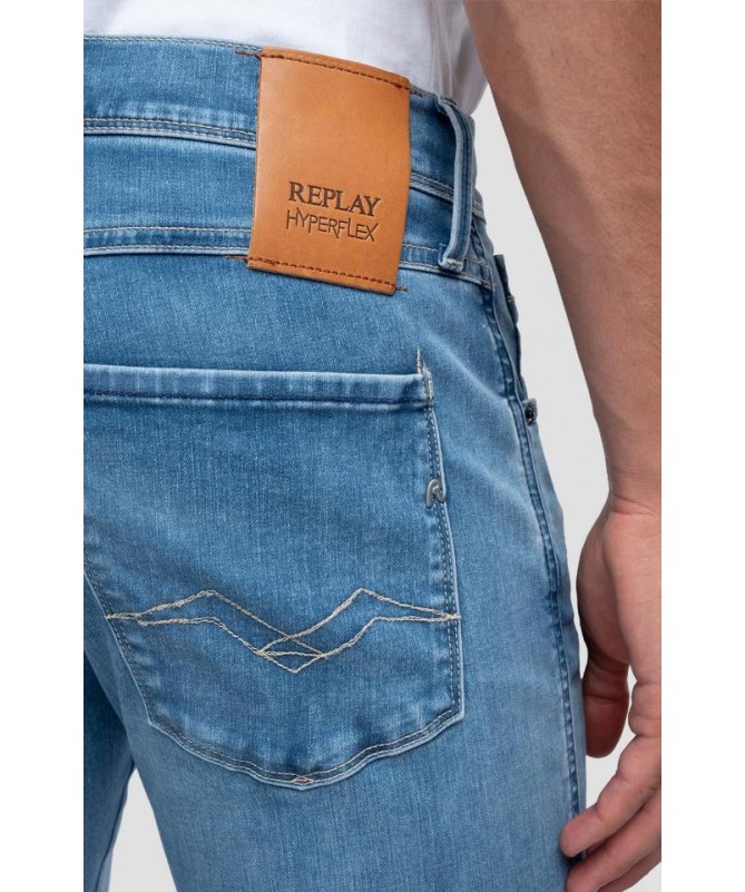 Jean homme Replay coupe slim en denim bleu océan de coton Hyperflex Re-Used stretch extra léger. M914Y .000.661XI36 FIESTA
