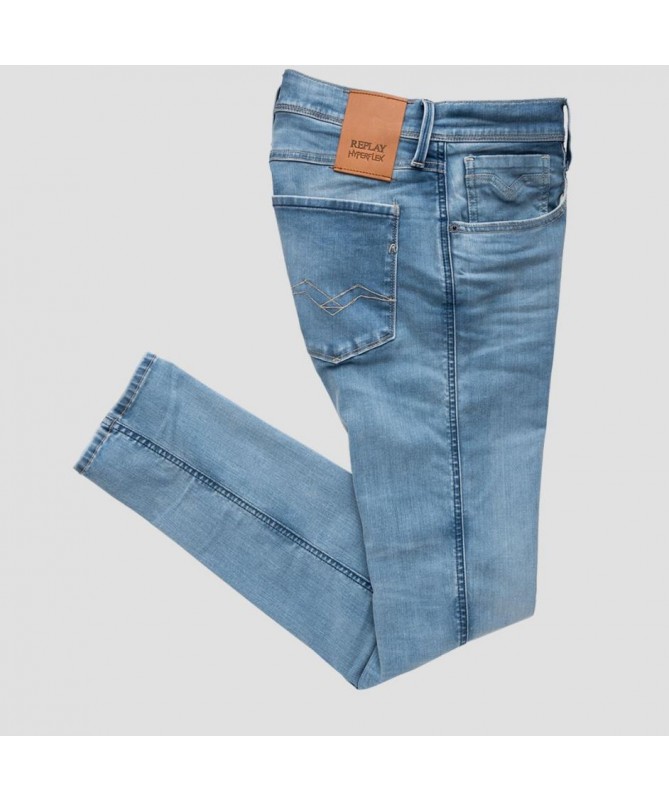 Jean homme Replay coupe slim en denim bleu océan de coton Hyperflex Re-Used stretch extra léger. M914Y .000.661XI36 FIESTA
