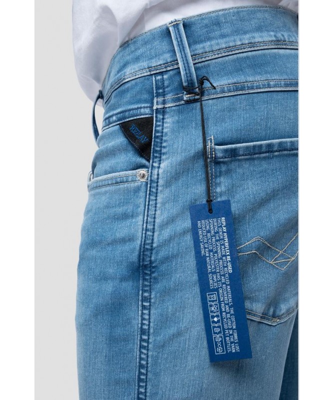 Jean homme Replay coupe slim en denim bleu océan de coton Hyperflex Re-Used stretch extra léger. M914Y .000.661XI36 FIESTA