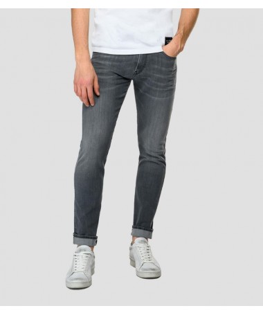 Jean Replay pour homme coupe slim en denim power stretch de couleur lavage gris clair. 
M914Y .000.51A 938 fiesta