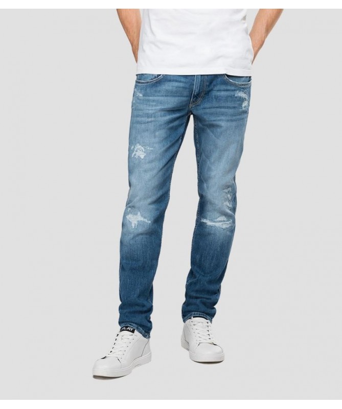 Jean Replay pour homme coupe slim en denim super stretch indigo foncé 100% coton biologique 
M914Y .000.573208R fiesta